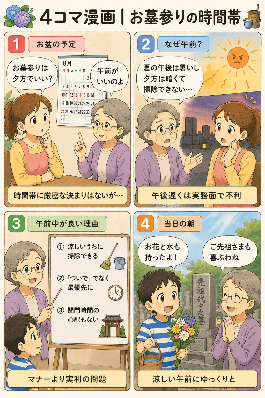 4コマ漫画|お墓参りの時間帯