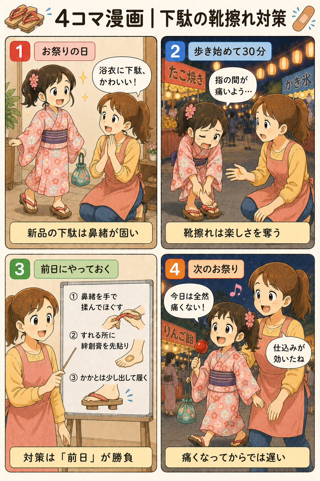 4コマ漫画｜下駄の靴擦れ対策