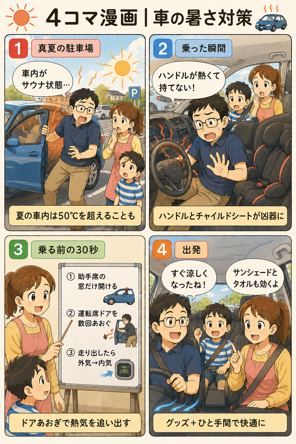 4コマ漫画｜車の暑さ対策