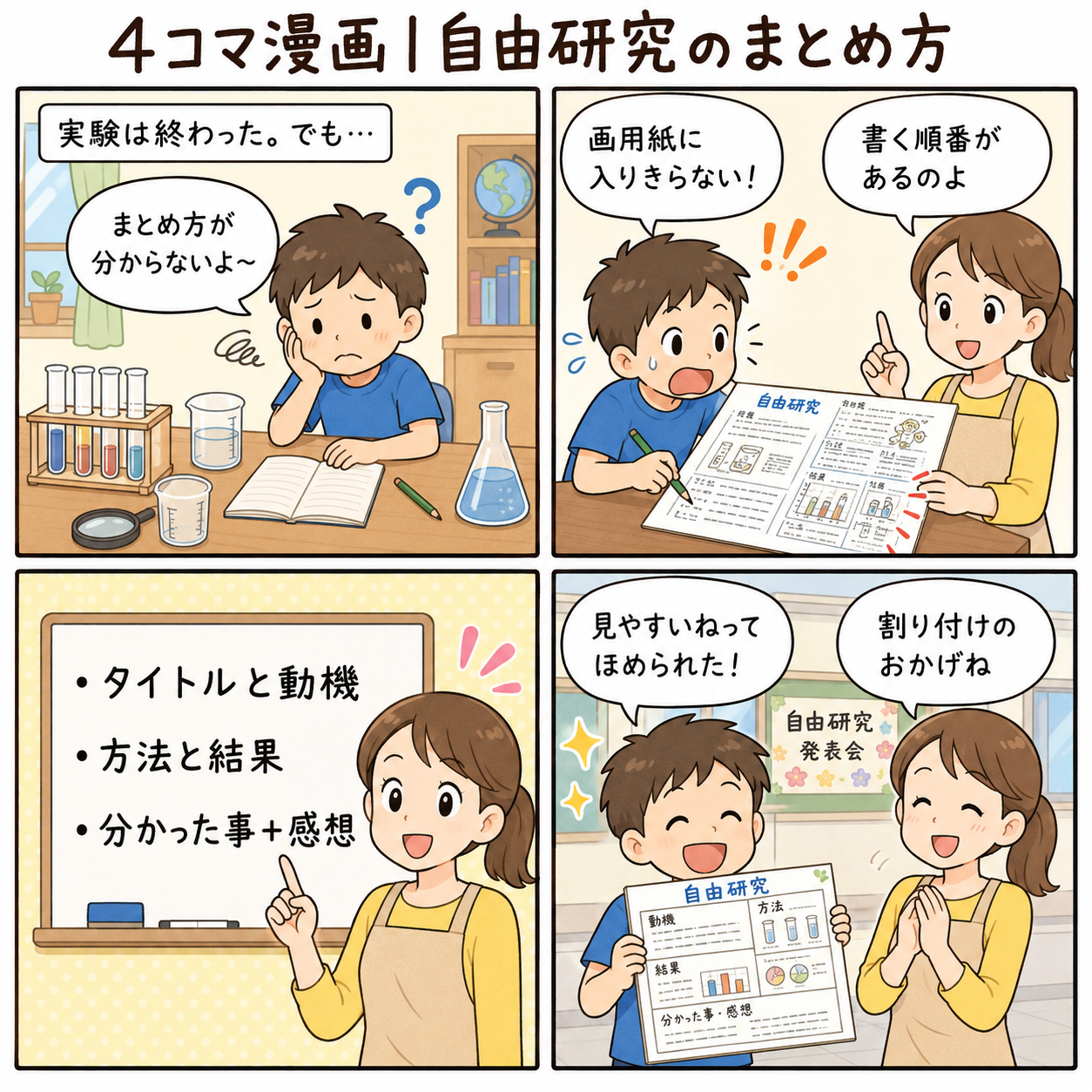 4コマ漫画｜自由研究のまとめ方