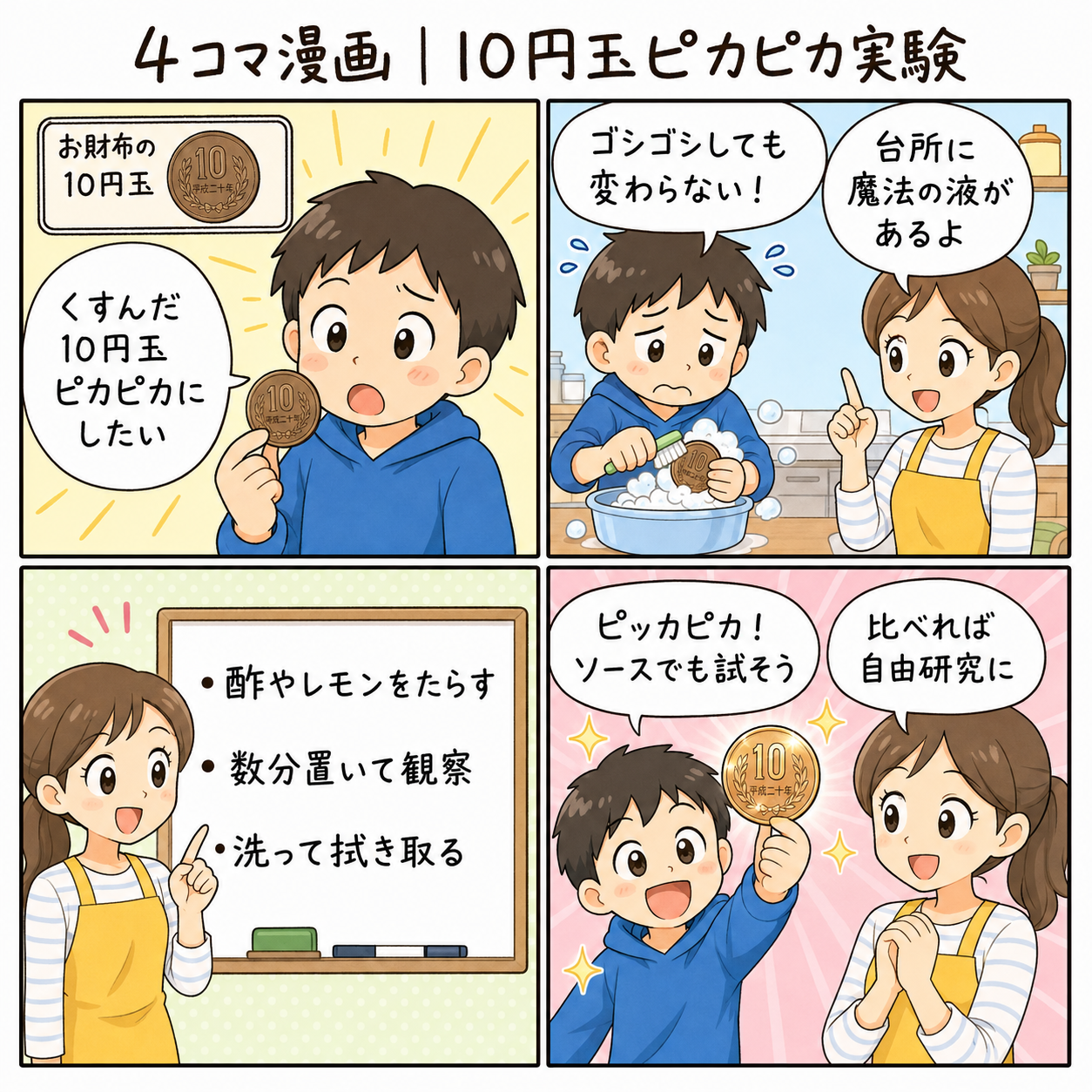 4コマ漫画｜10円玉ピカピカ実験