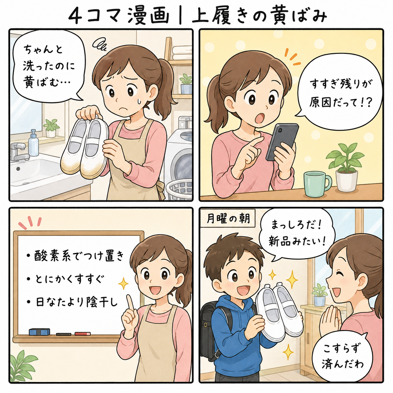 4コマ漫画｜上履きの黄ばみ