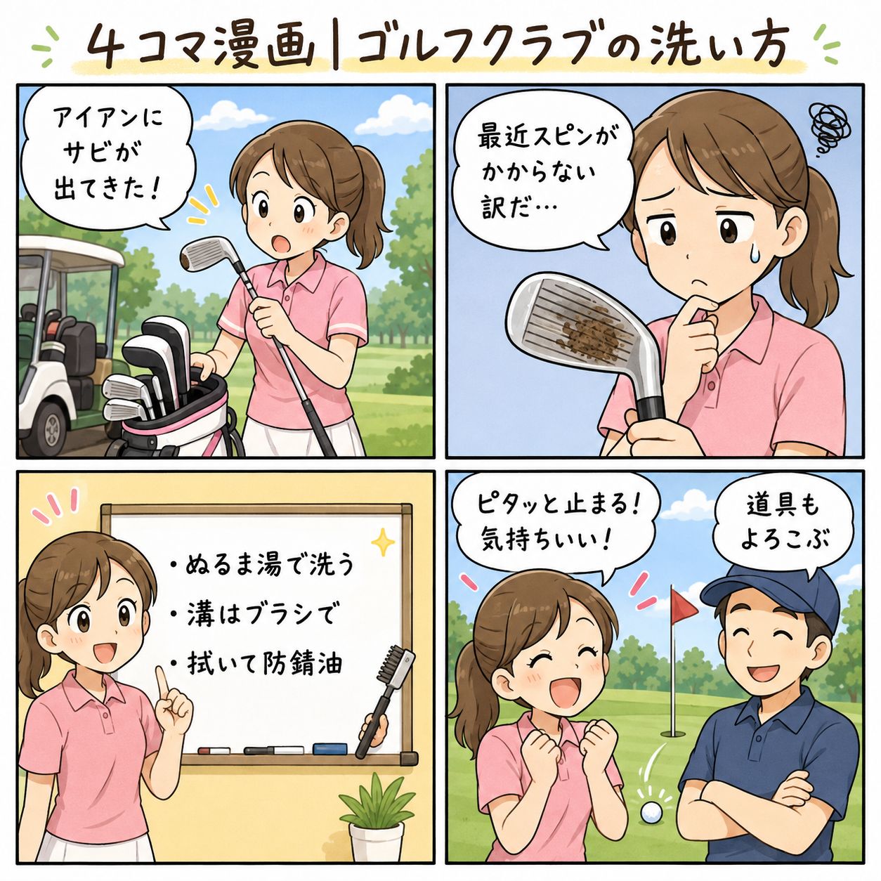 4コマ漫画｜ゴルフクラブの洗い方