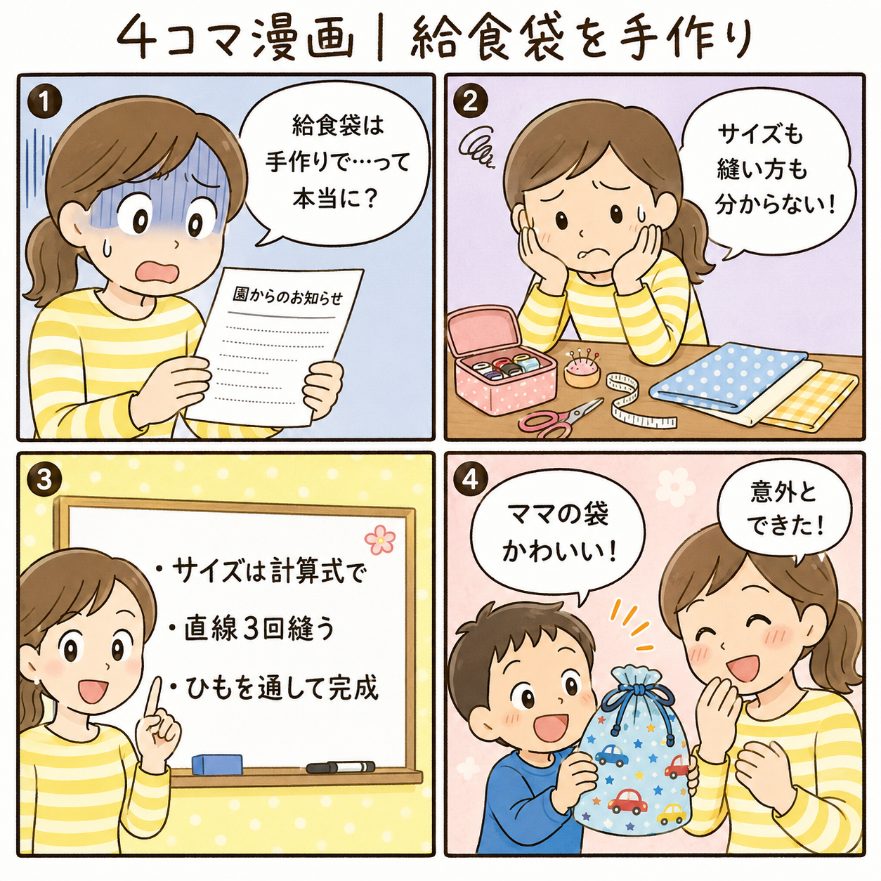 4コマ漫画｜給食袋を手作り