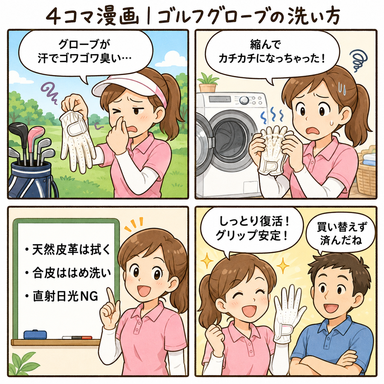 4コマ漫画｜ゴルフグローブの洗い方