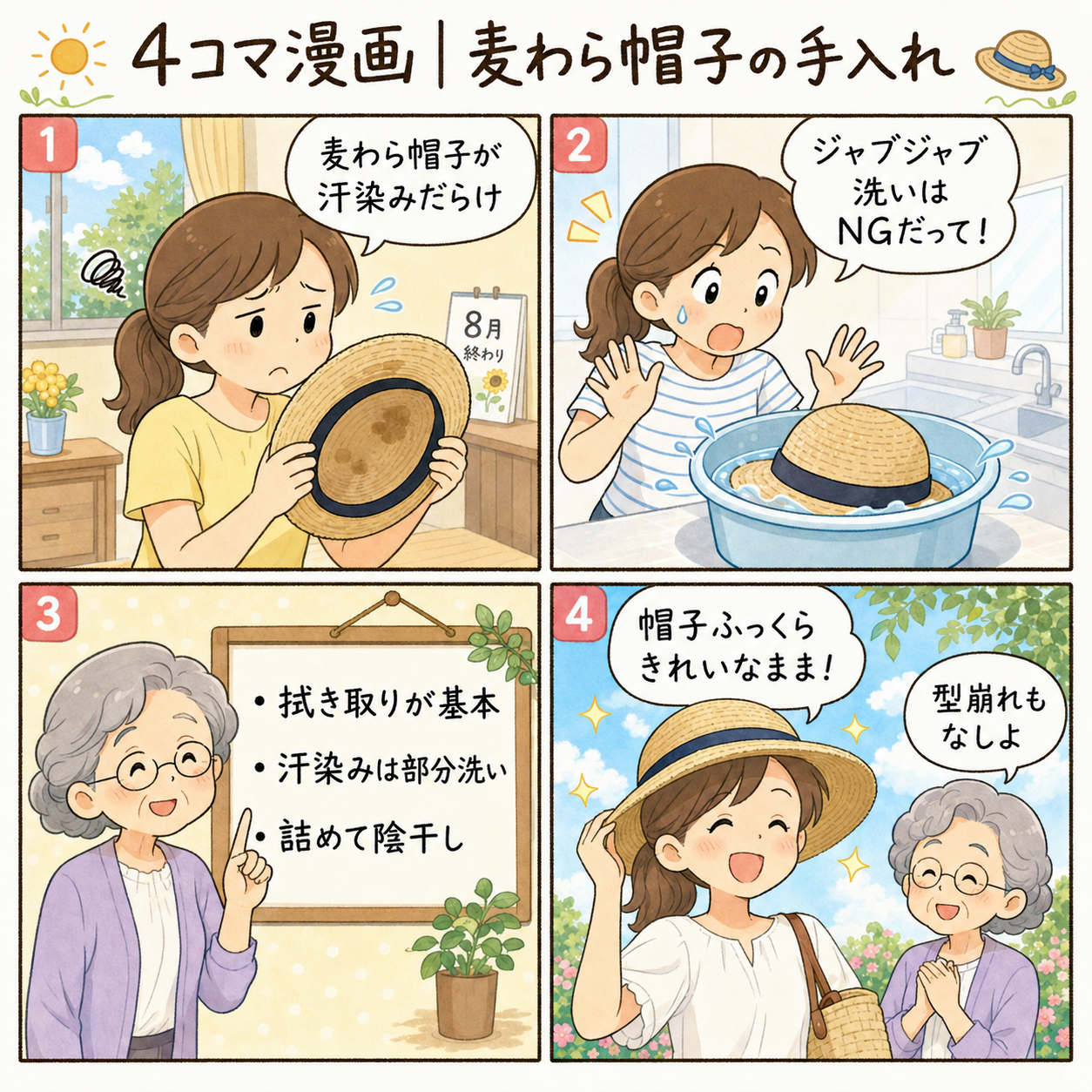 4コマ漫画｜麦わら帽子の手入れ