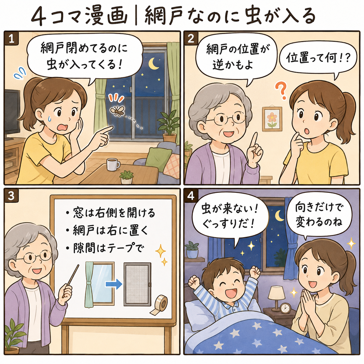 4コマ漫画｜網戸なのに虫が入る
