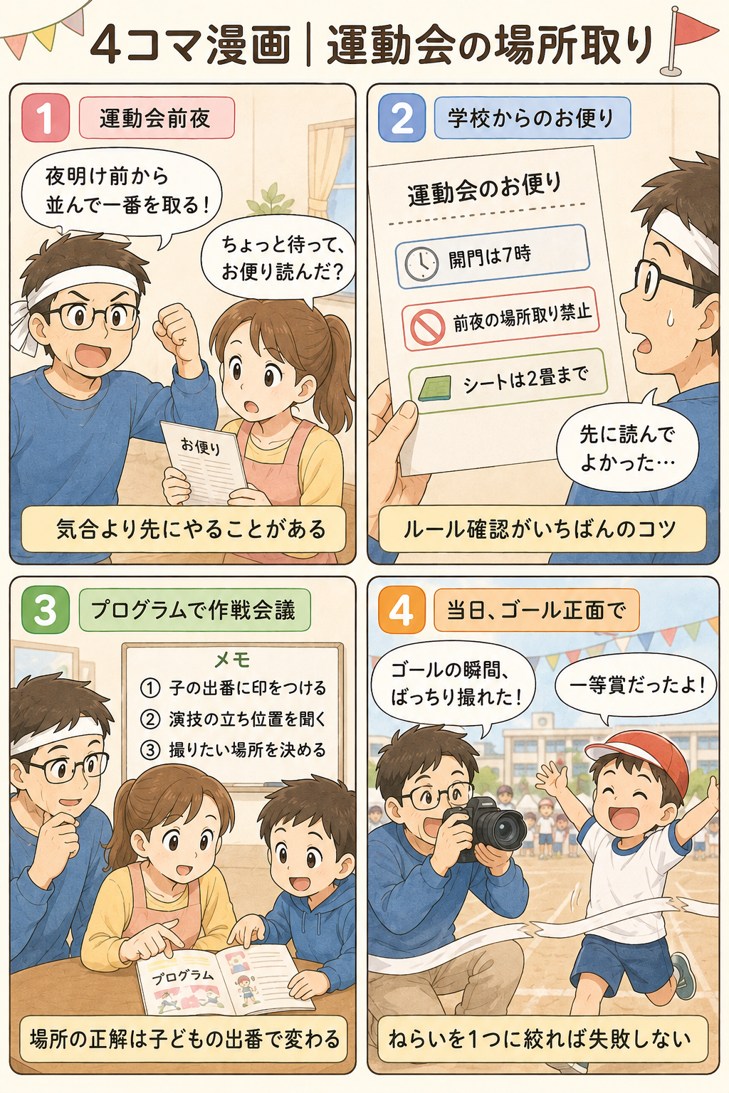 4コマ漫画｜運動会の場所取り