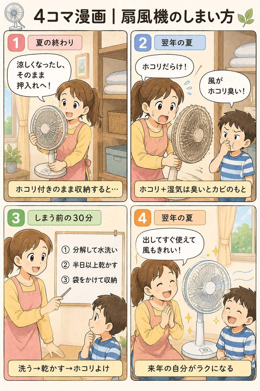 4コマ漫画｜扇風機のしまい方