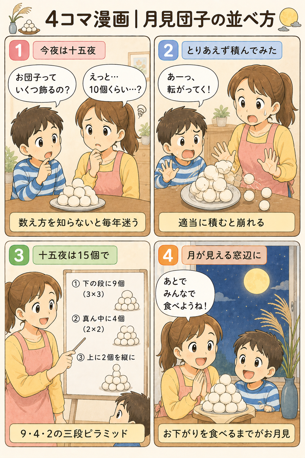 4コマ漫画｜月見団子の並べ方
