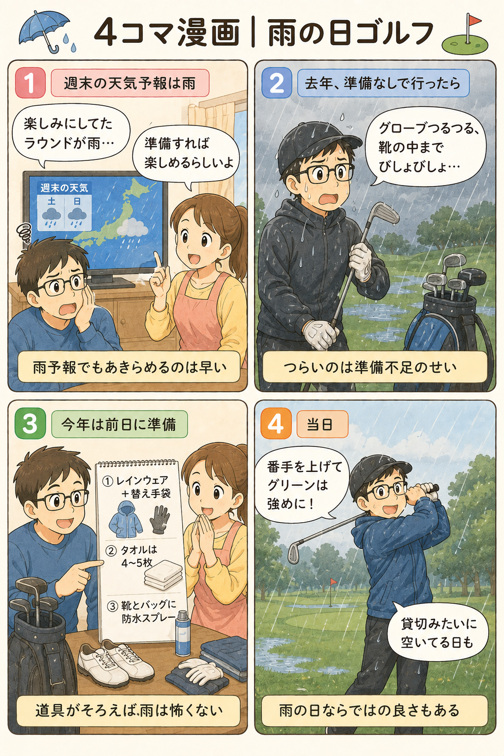 4コマ漫画｜雨の日ゴルフ