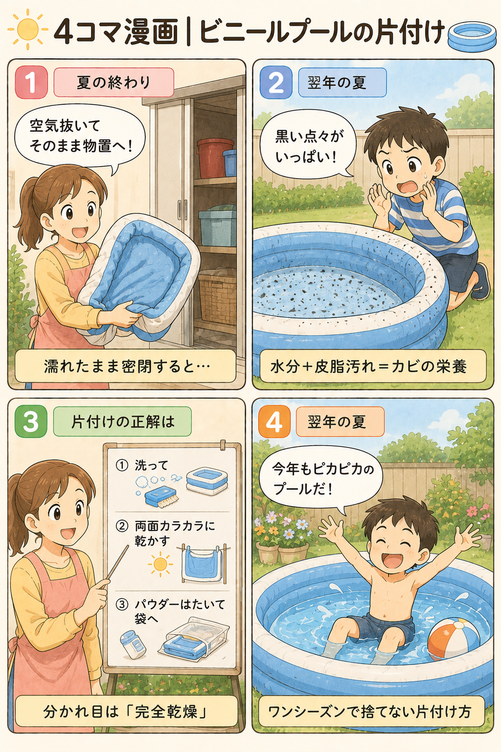 4コマ漫画|ビニールプールの片付け