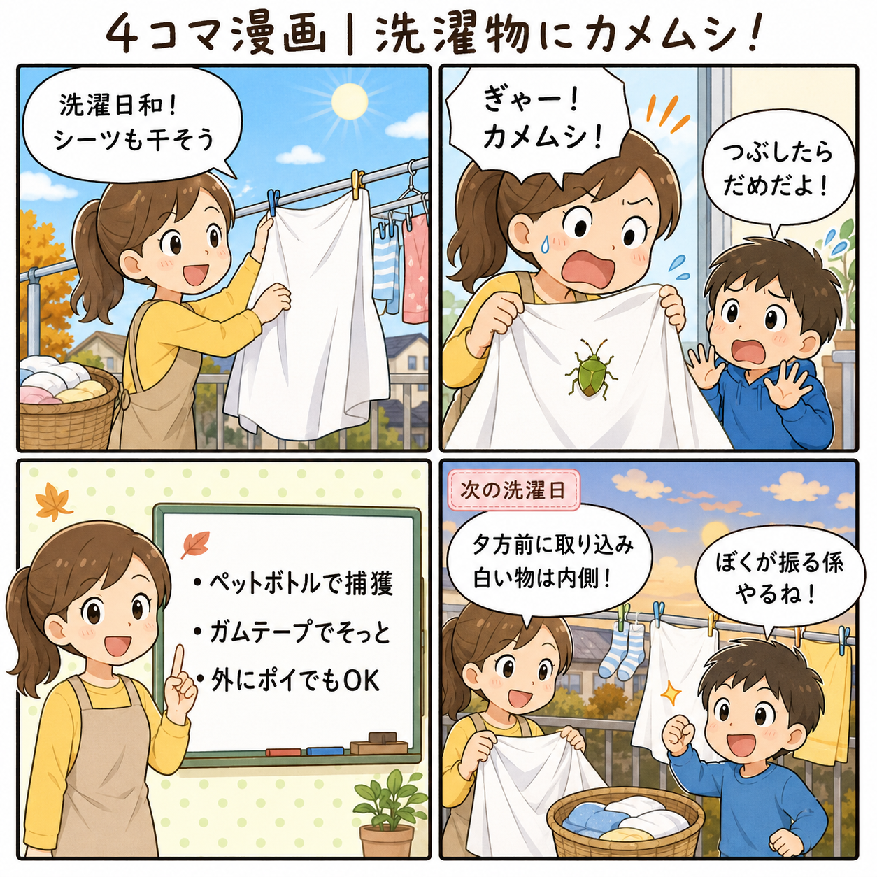 4コマ漫画｜洗濯物にカメムシ！