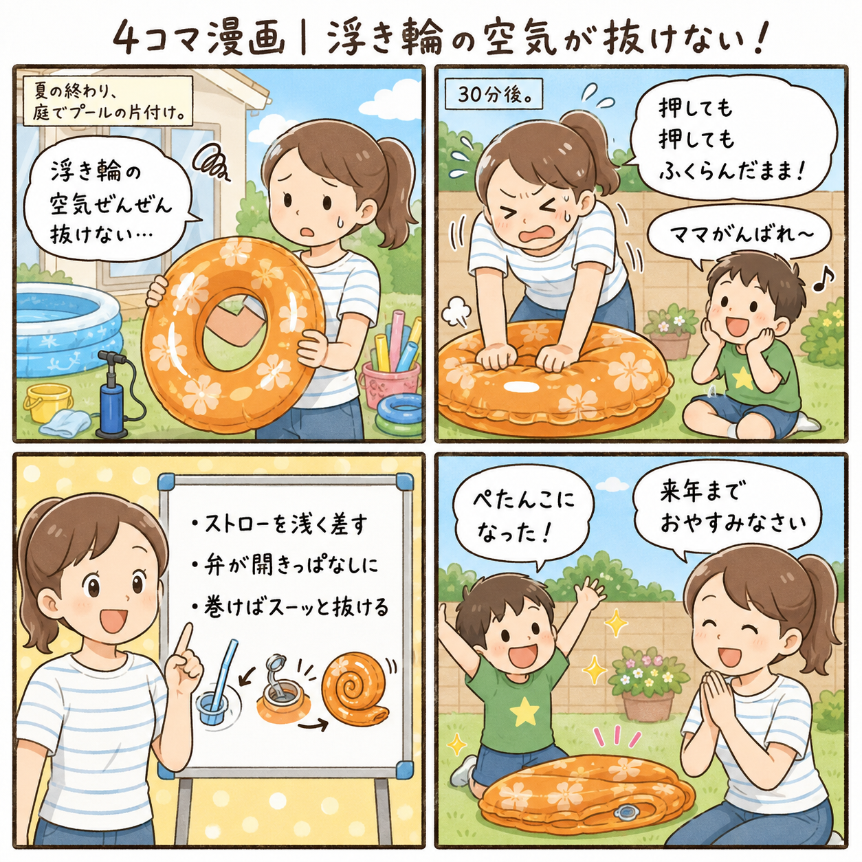 4コマ漫画｜浮き輪の空気が抜けない！