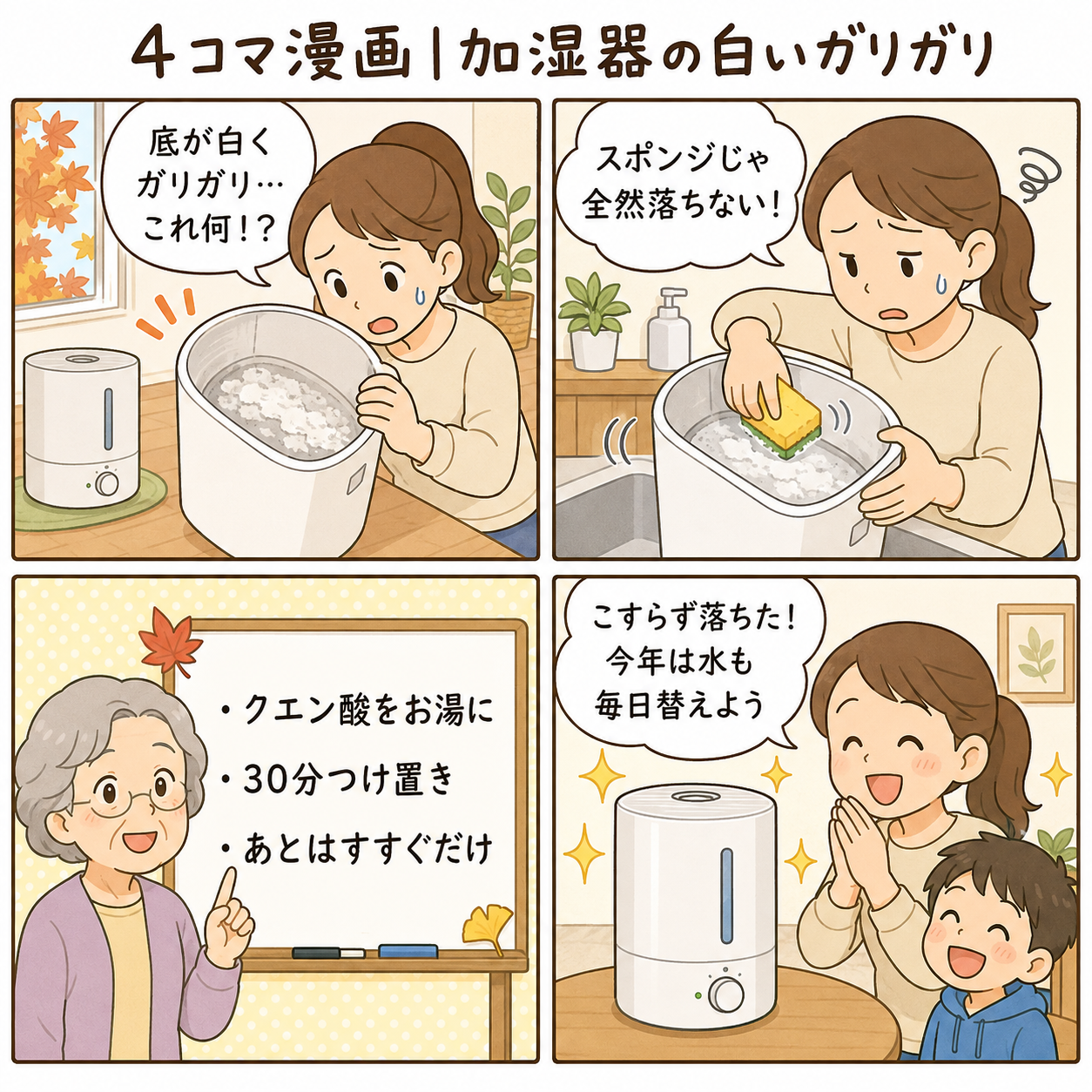 4コマ漫画｜加湿器の白いガリガリ