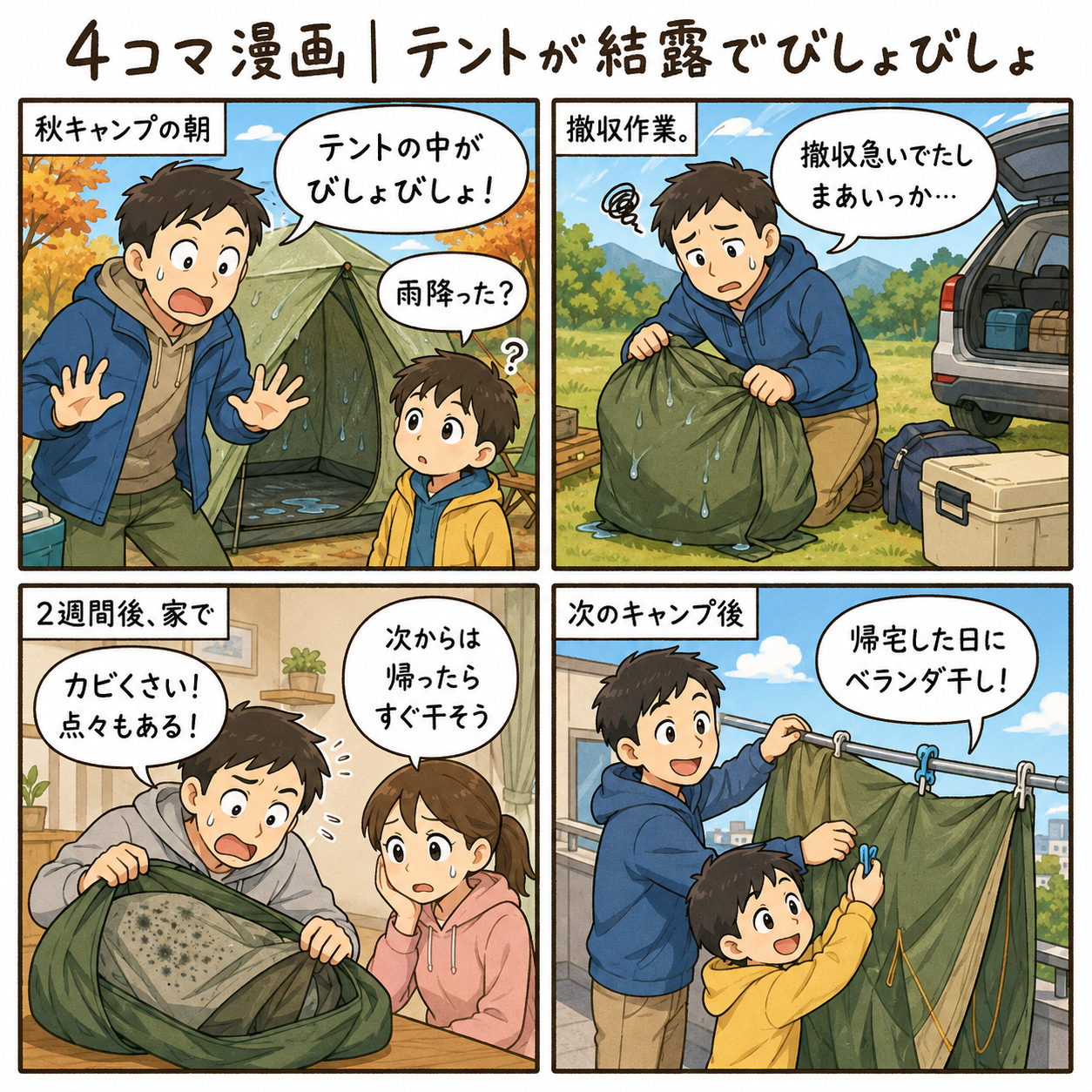 4コマ漫画｜テントが結露でびしょびしょ