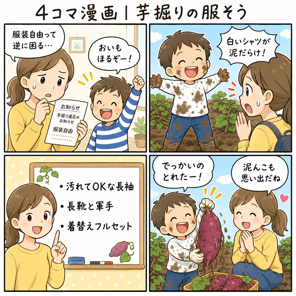 4コマ漫画｜芋掘りの服装どうする？