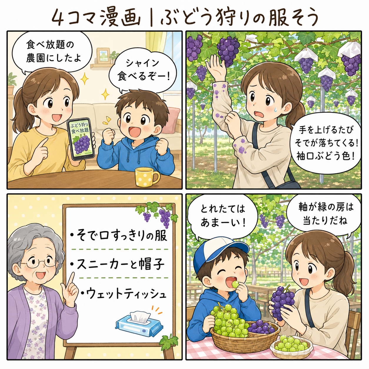 4コマ漫画|ぶどう狩りの服装