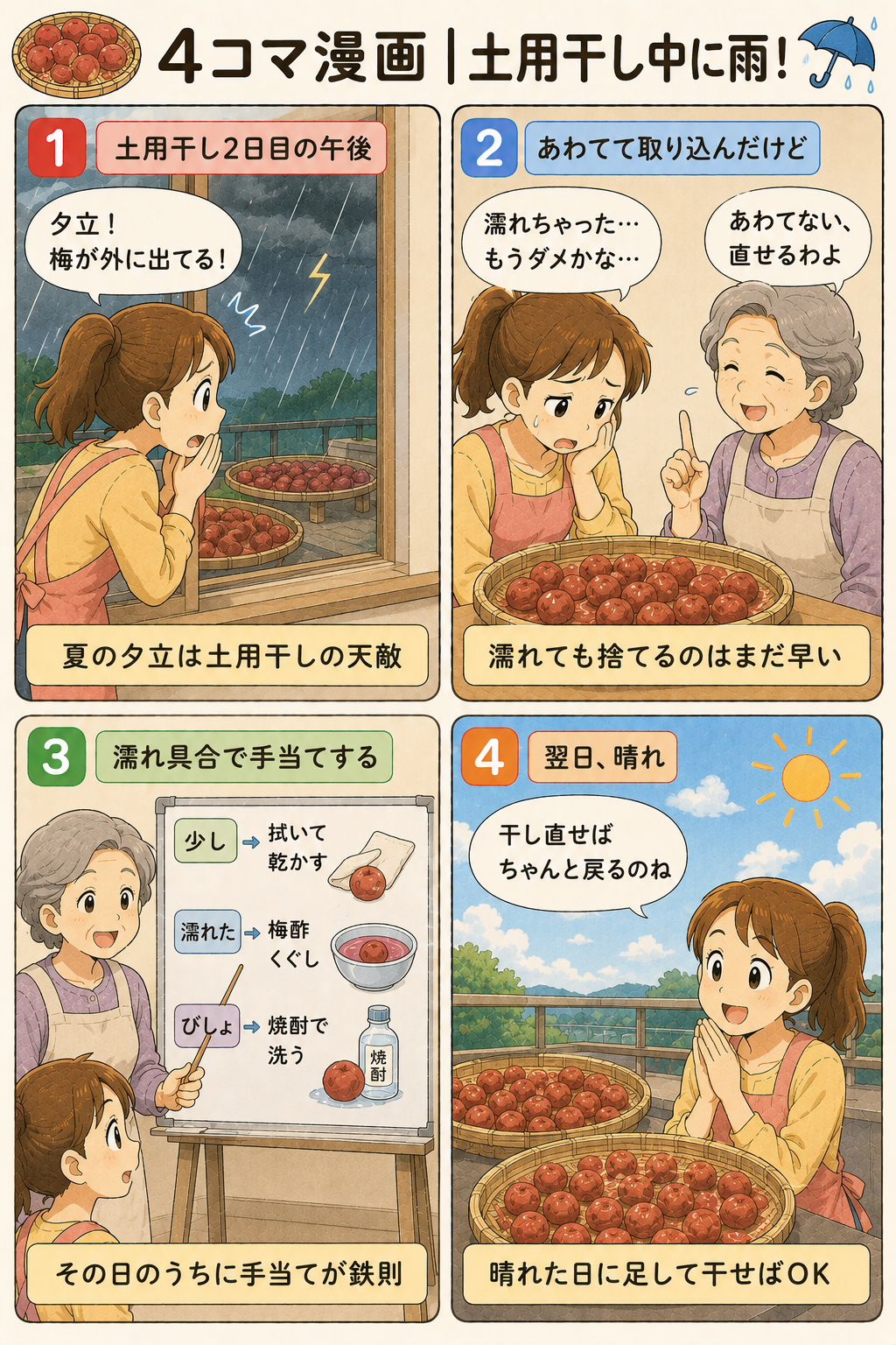 4コマ漫画｜土用干し中に雨！