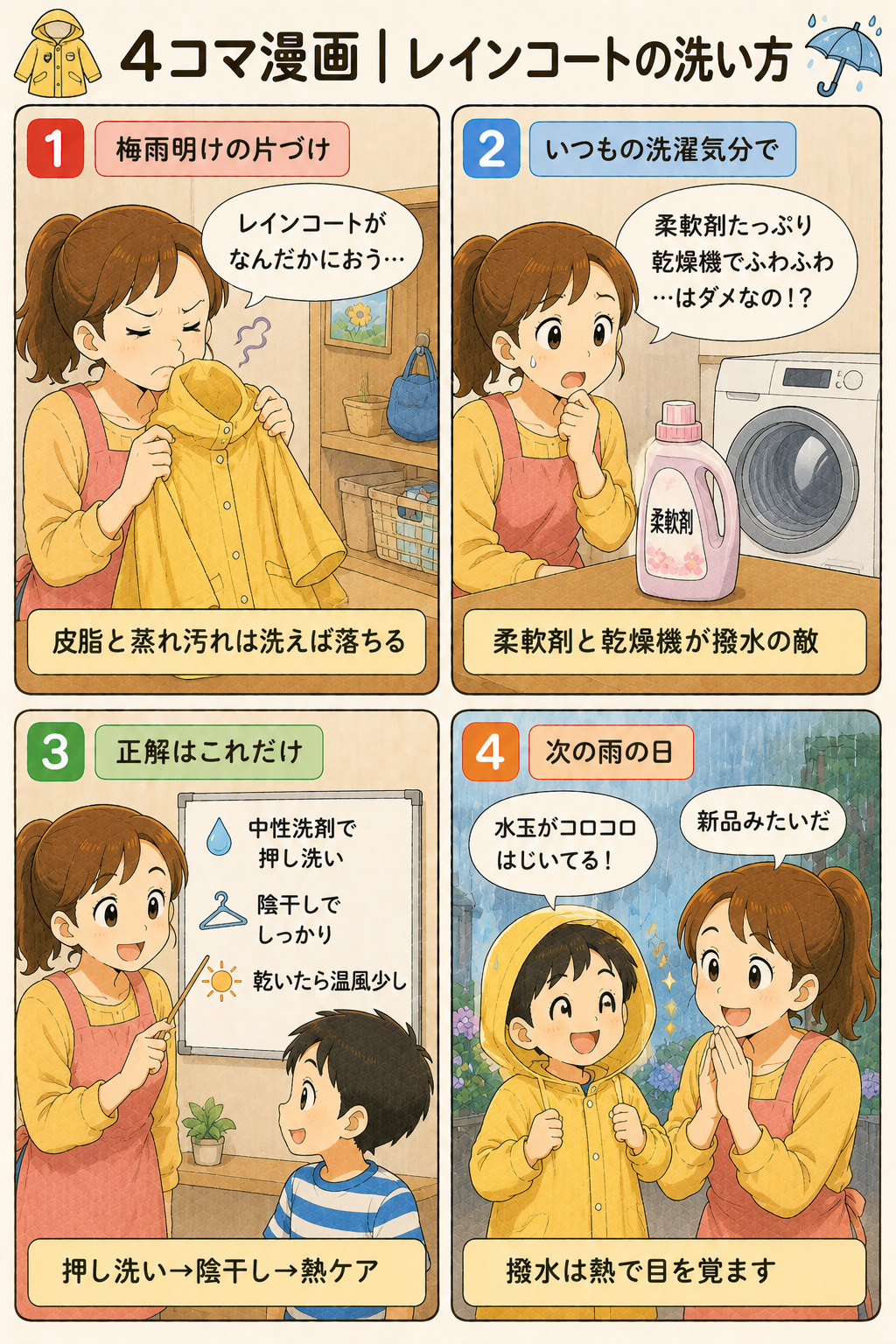 4コマ漫画｜レインコートの洗い方