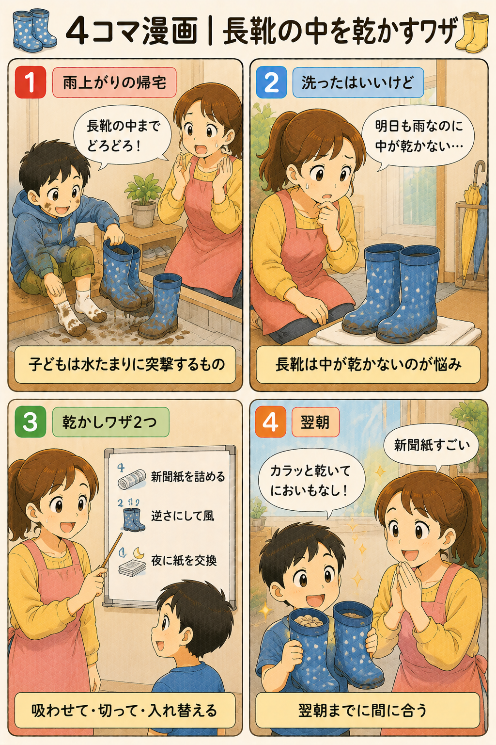 4コマ漫画｜長靴の中を乾かすワザ