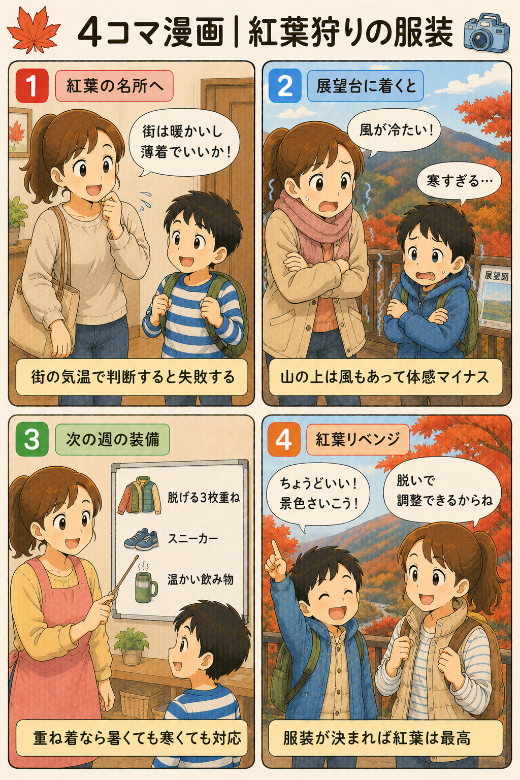 4コマ漫画｜紅葉狩りの服装