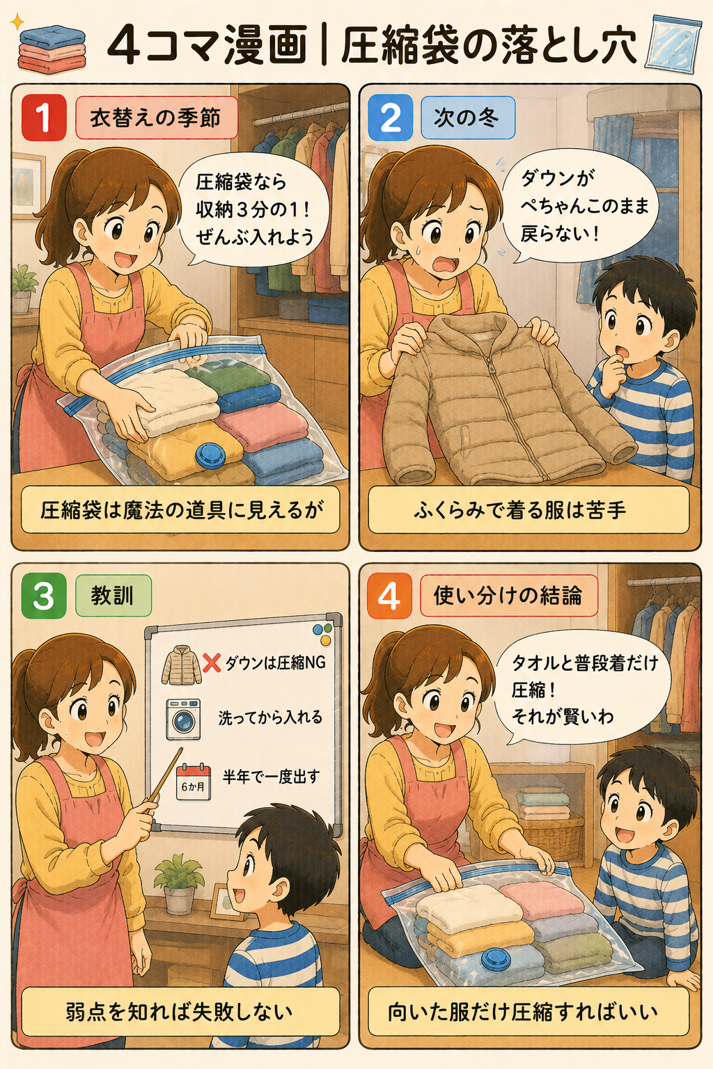 4コマ漫画｜圧縮袋の落とし穴