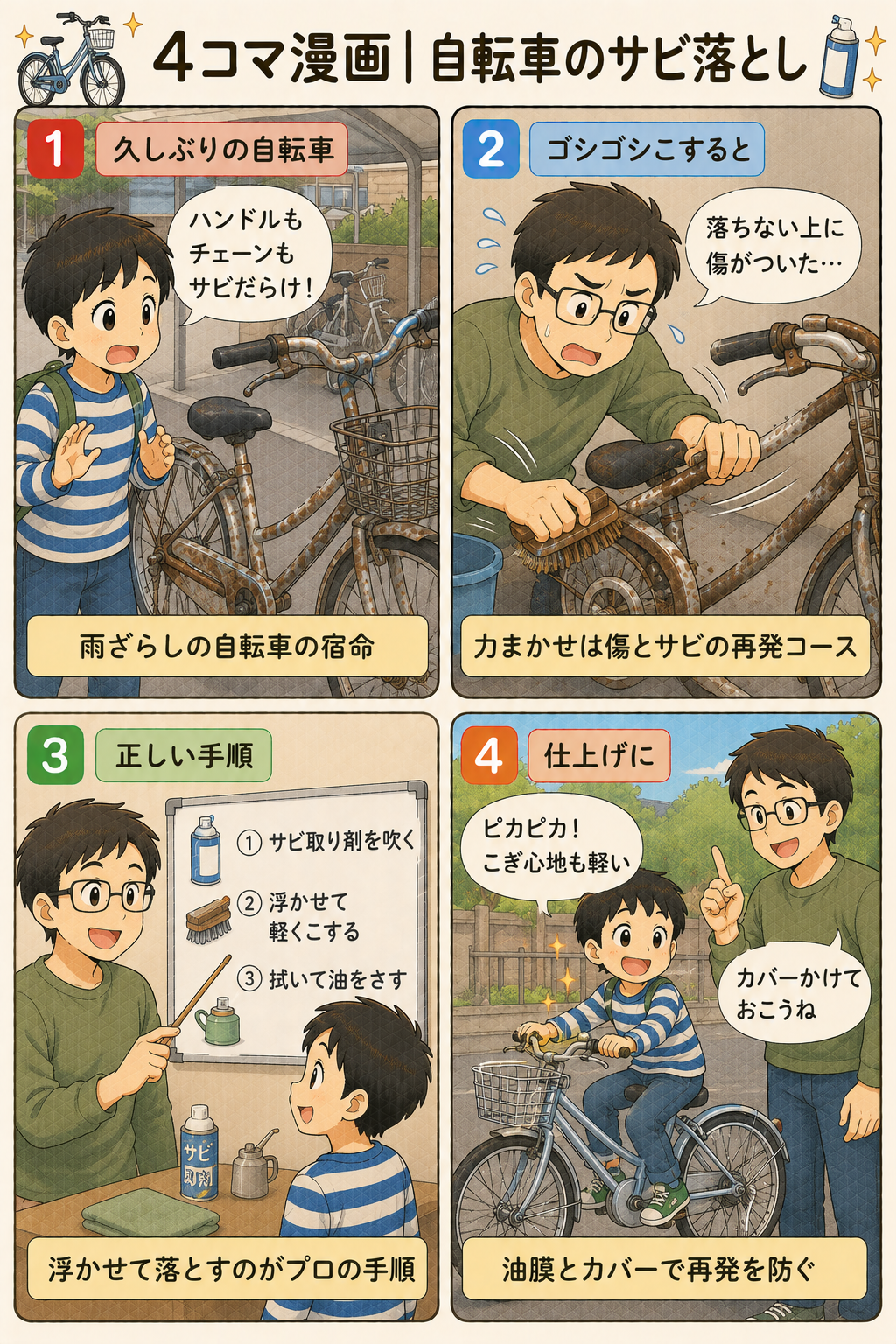 4コマ漫画｜自転車のサビ落とし