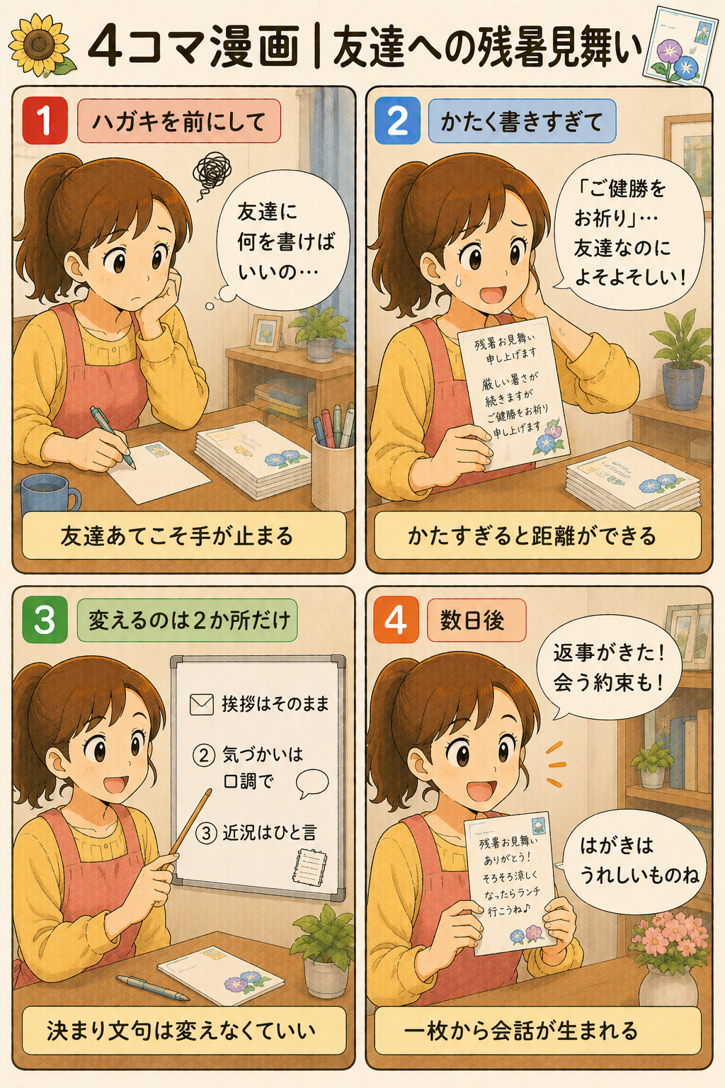 4コマ漫画｜友達への残暑見舞い
