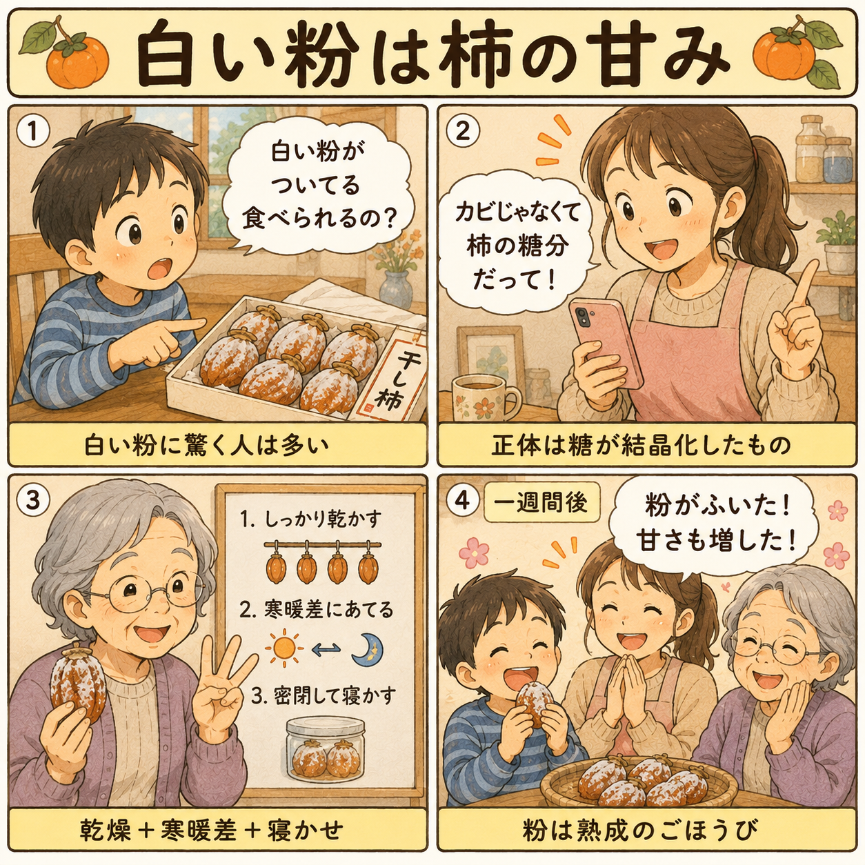 4コマ漫画｜白い粉は柿の甘み