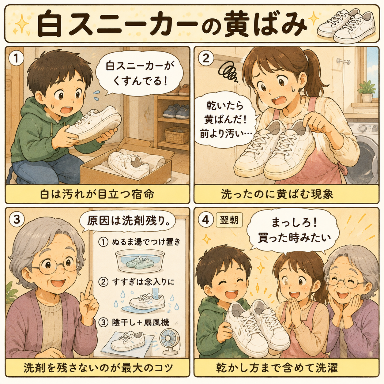 4コマ漫画｜白スニーカーの黄ばみ
