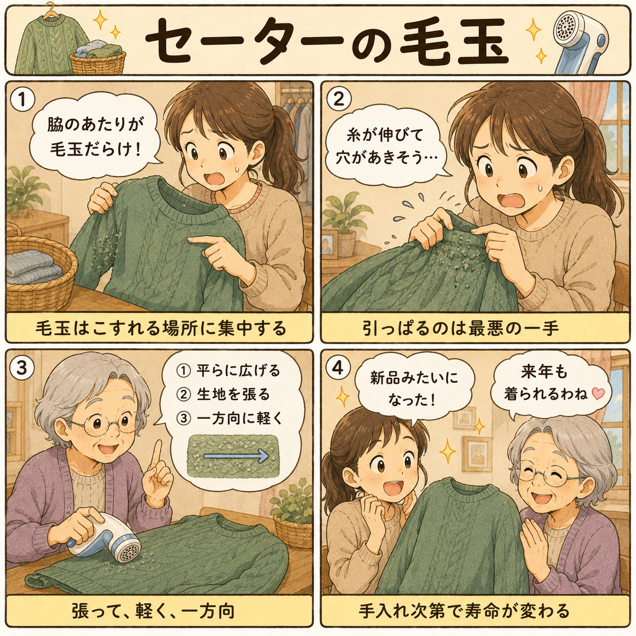 4コマ漫画｜セーターの毛玉