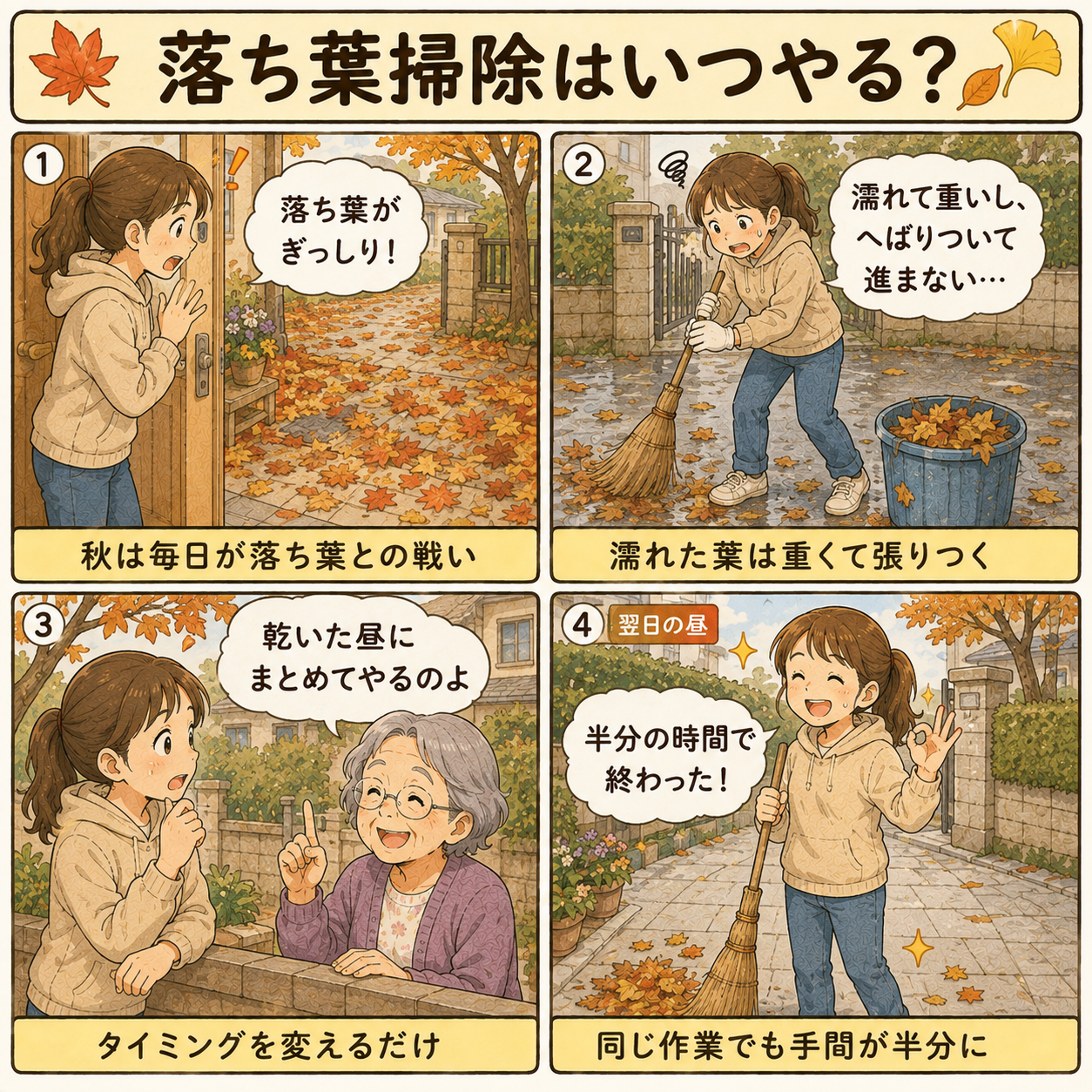 4コマ漫画｜落ち葉掃除はいつやる？