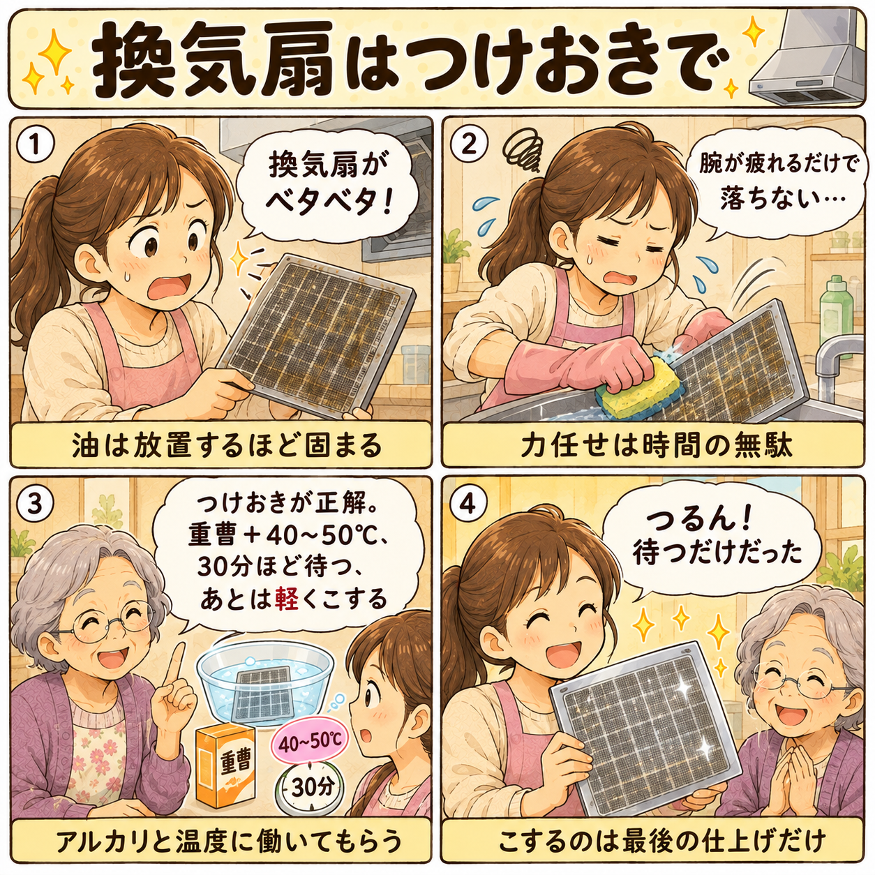 4コマ漫画｜換気扇はつけおきで
