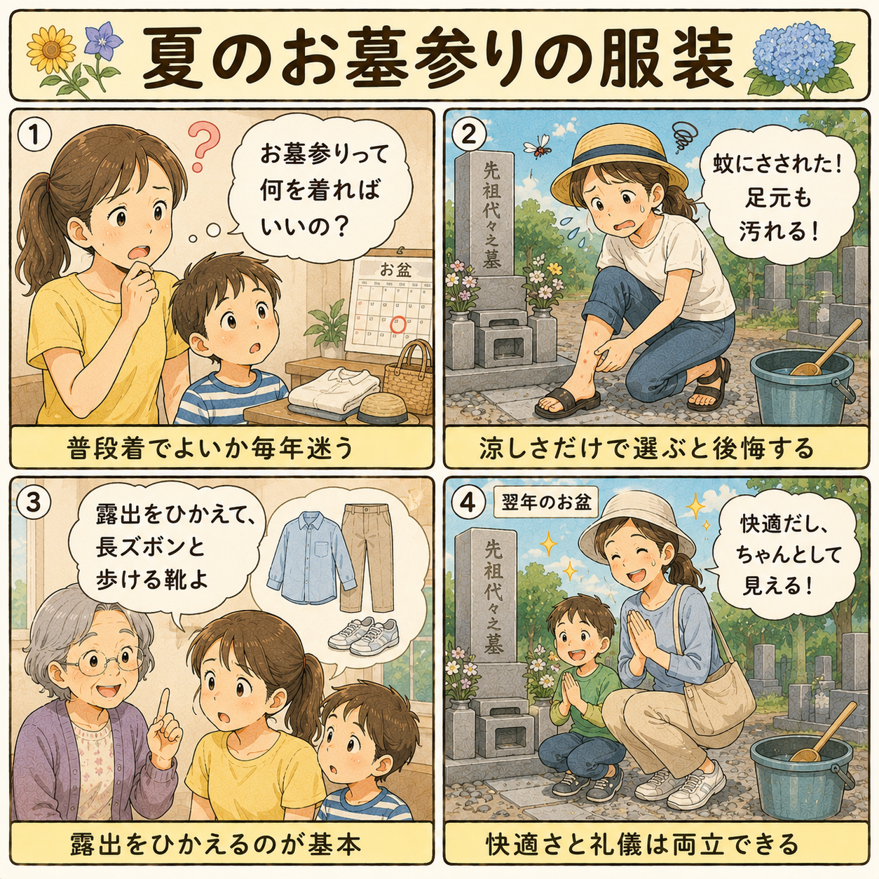 4コマ漫画｜夏のお墓参りの服装