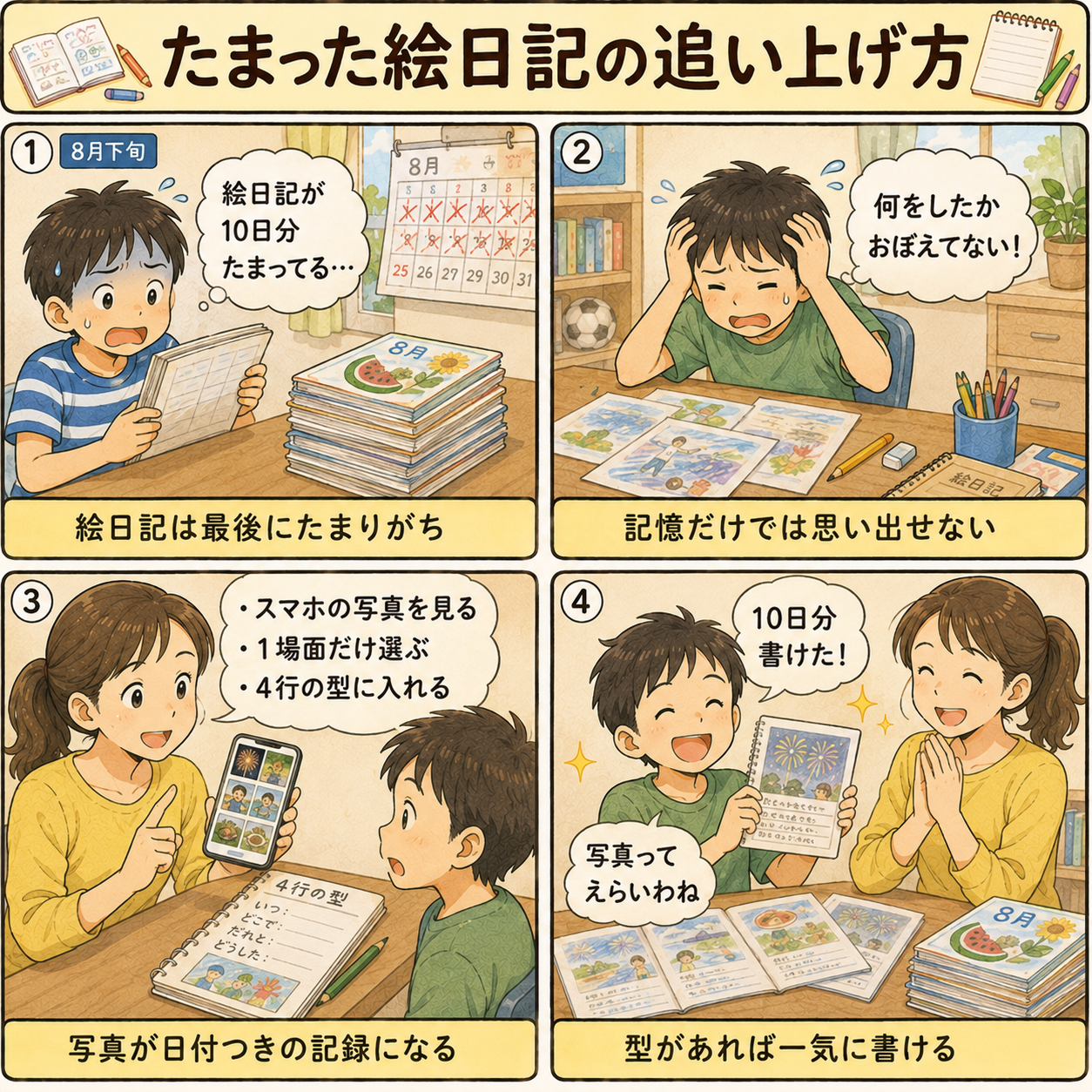 4コマ漫画|たまった絵日記の追い上げ方