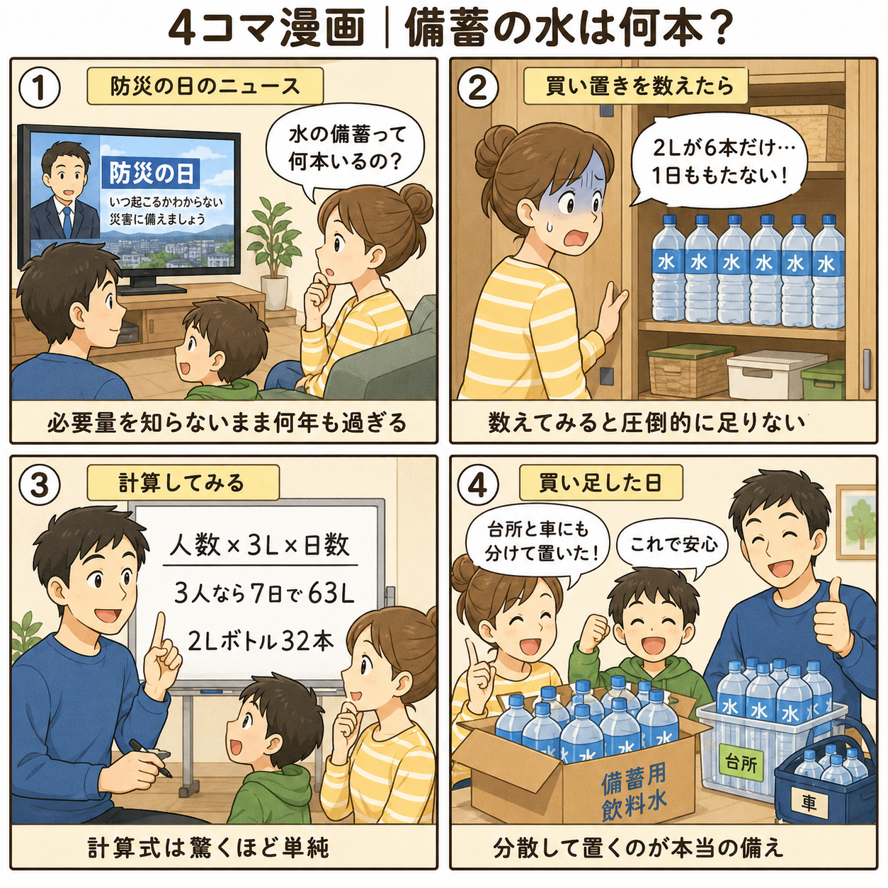 4コマ漫画｜備蓄の水は何本？