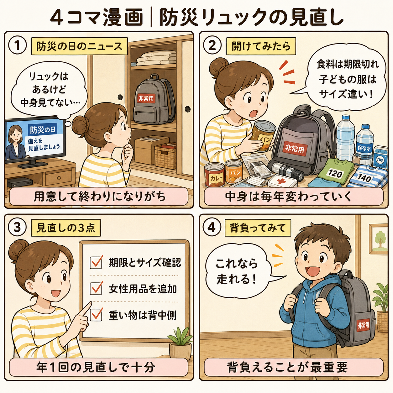 4コマ漫画|防災リュックの見直し