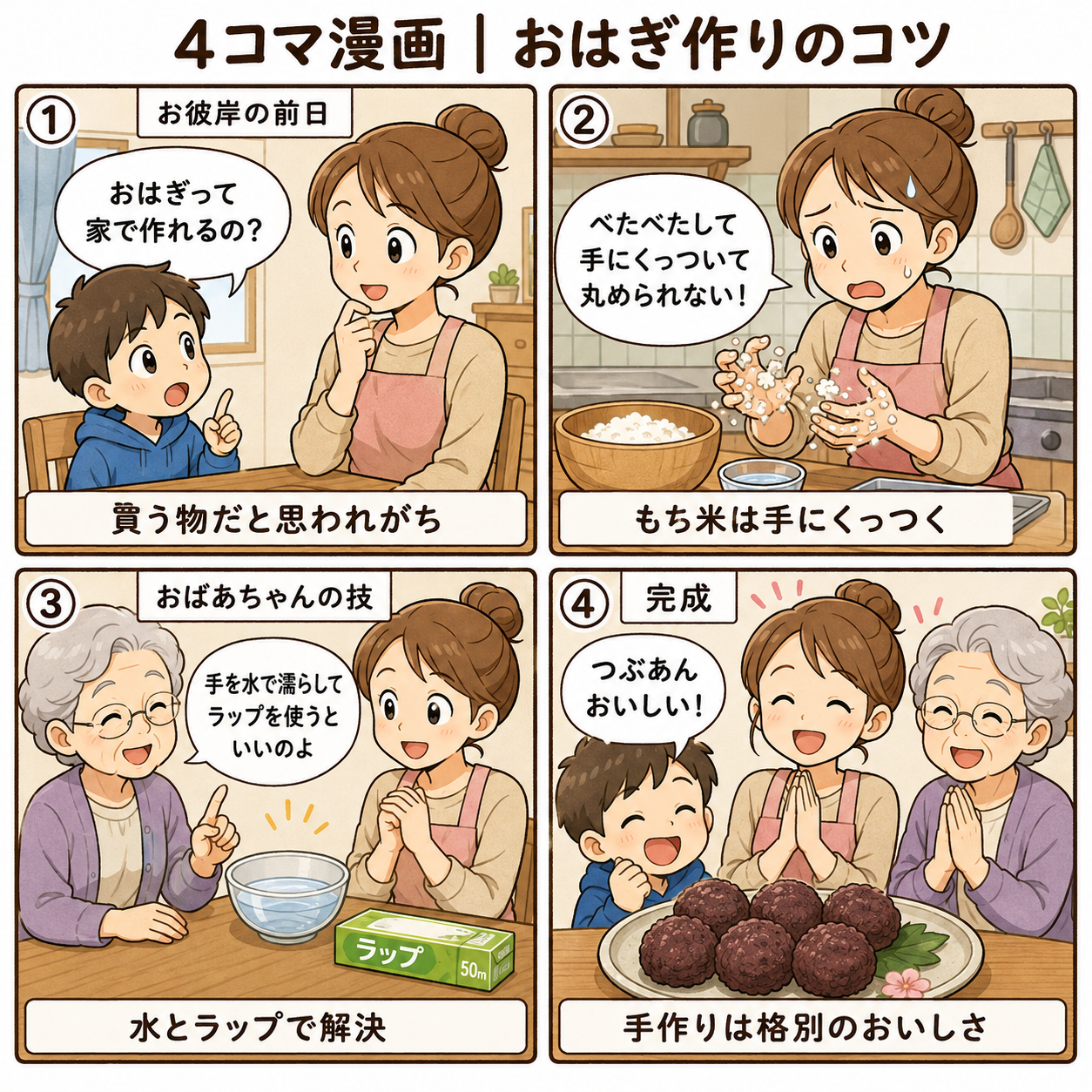 4コマ漫画｜おはぎ作りのコツ