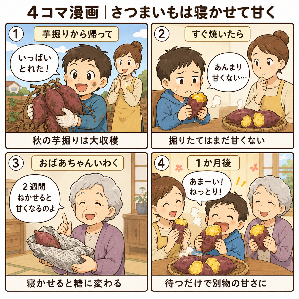 4コマ漫画|さつまいもは寝かせて甘く