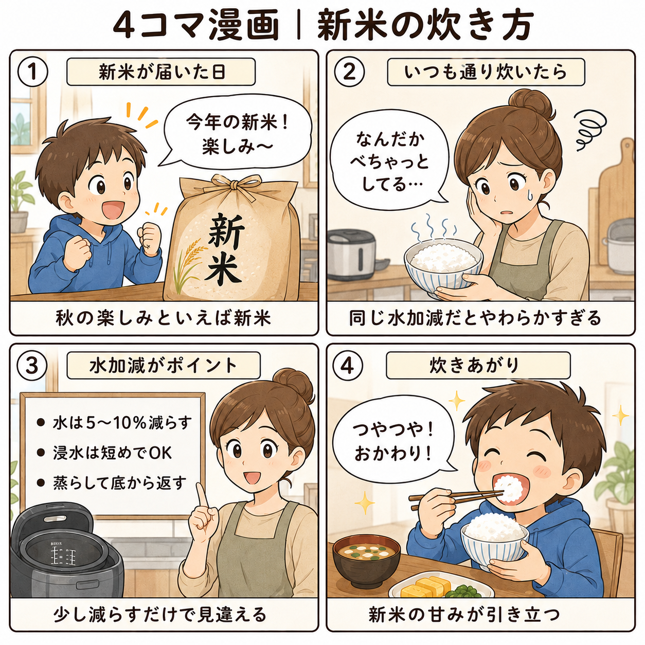 4コマ漫画｜新米の炊き方