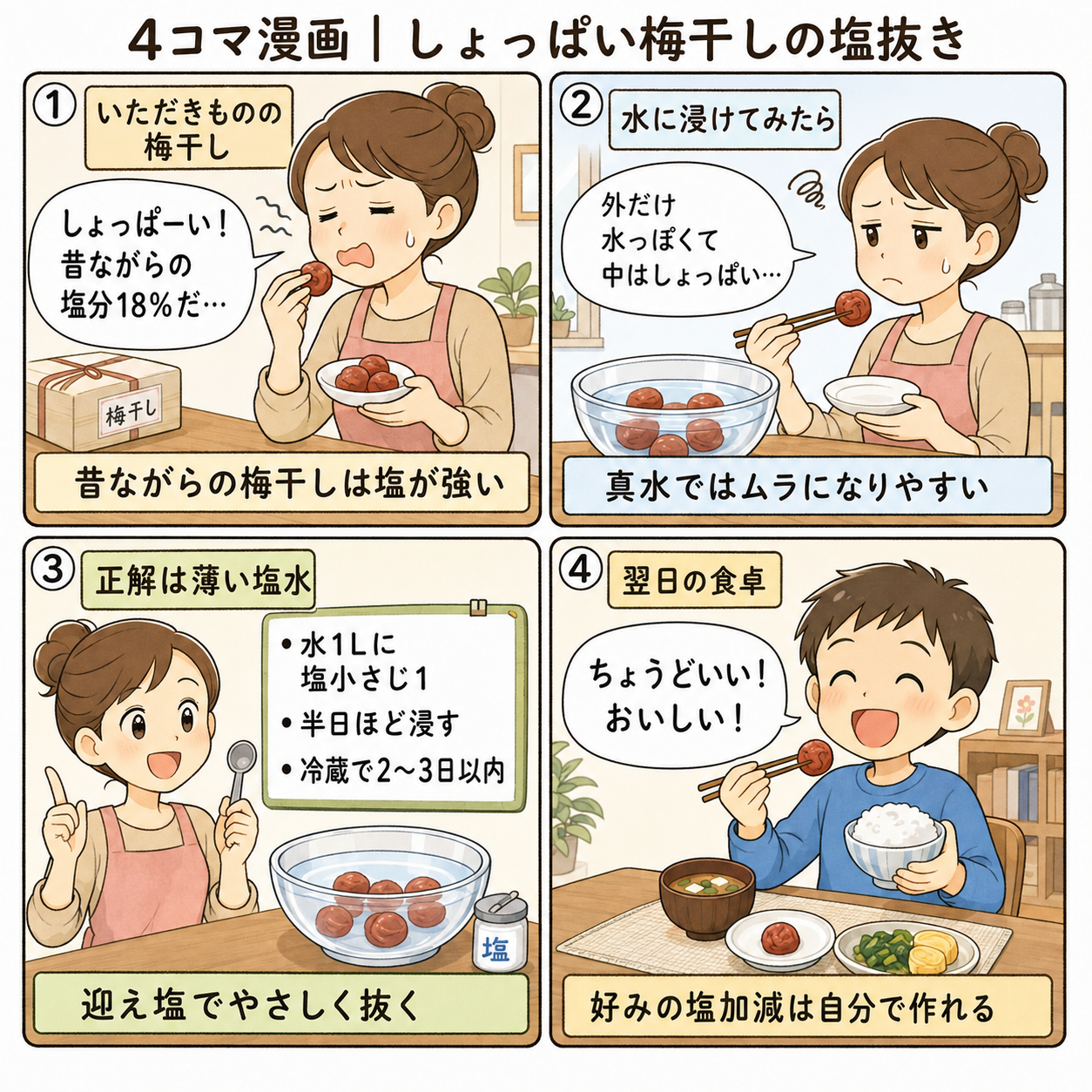 4コマ漫画|しょっぱい梅干しの塩抜き