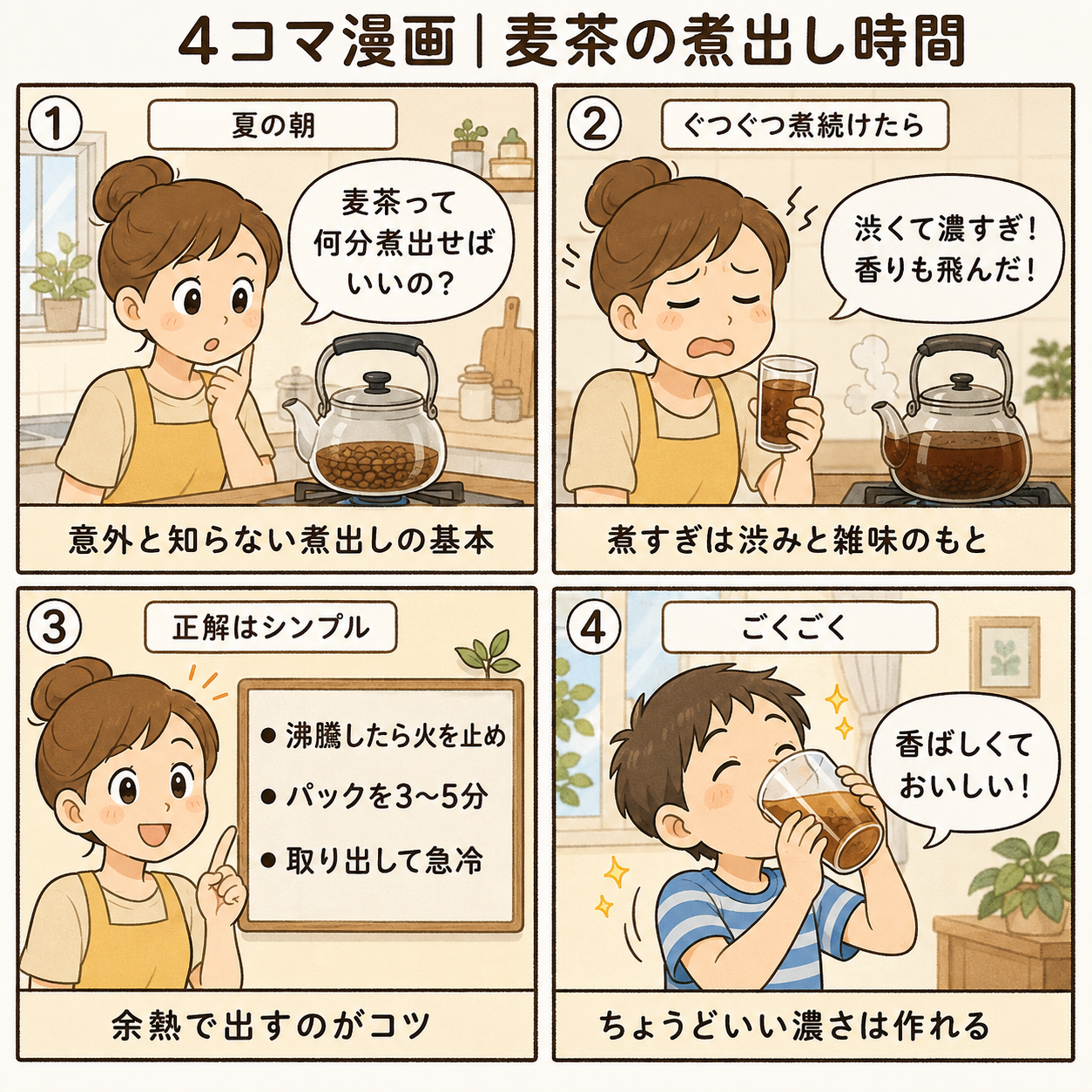 4コマ漫画|麦茶の煮出し時間