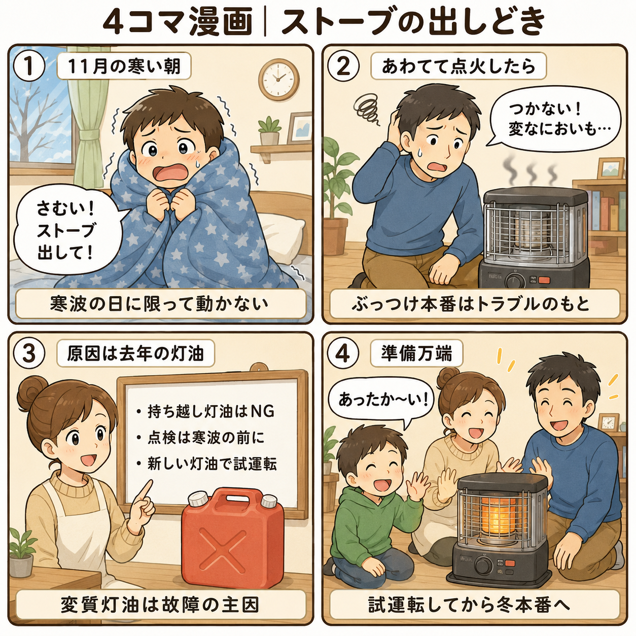 4コマ漫画|ストーブの出しどき