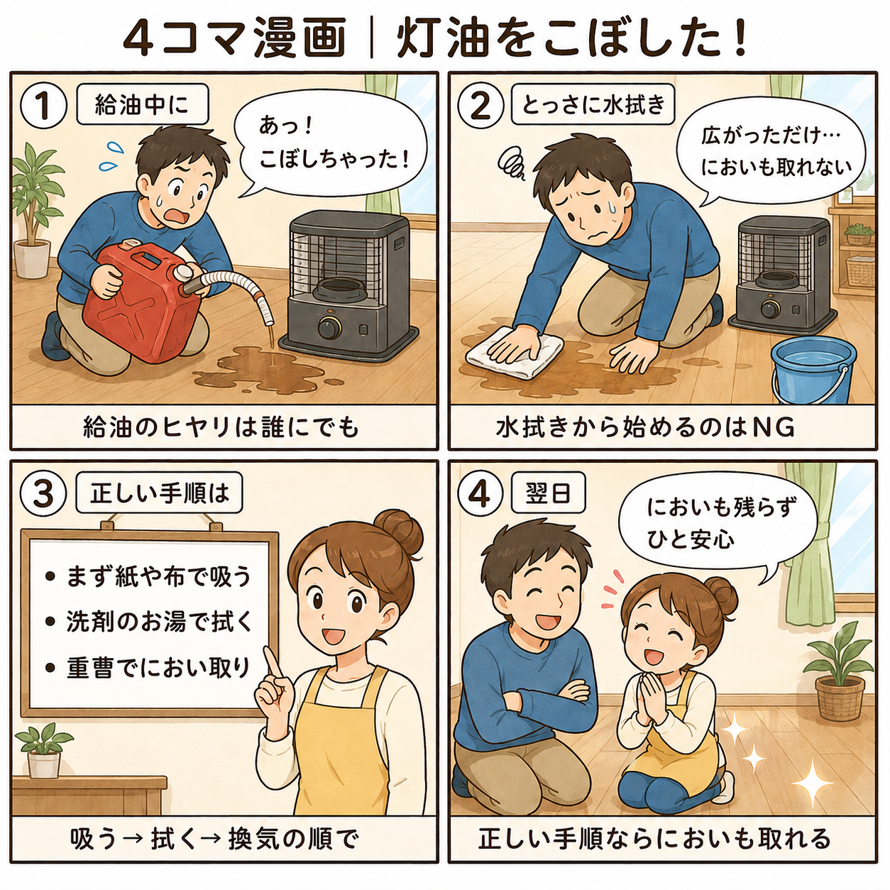 4コマ漫画|灯油をこぼした!