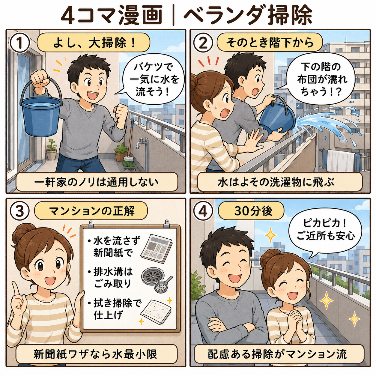 4コマ漫画|ベランダ掃除