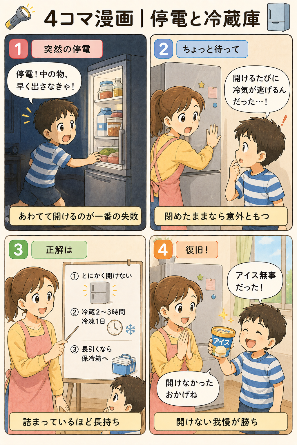4コマ漫画｜停電と冷蔵庫