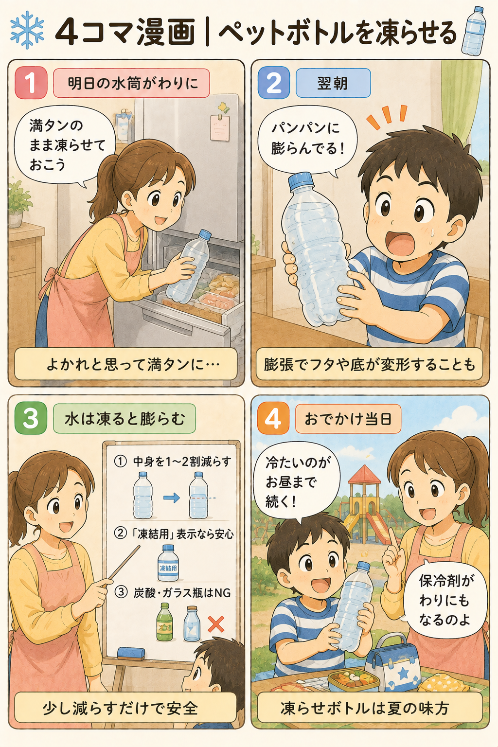 4コマ漫画｜ペットボトルを凍らせる
