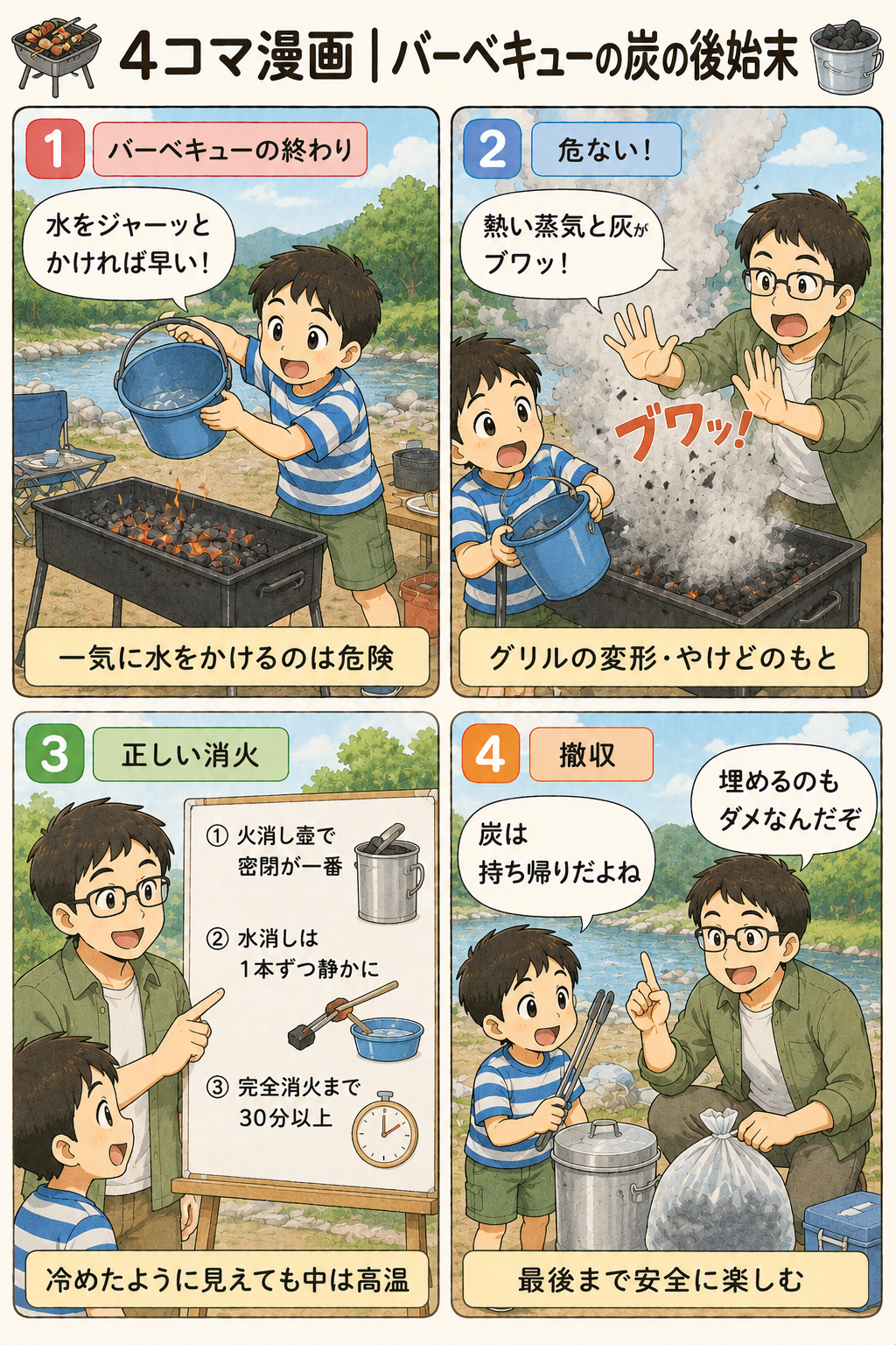 4コマ漫画｜バーベキューの炭の後始末
