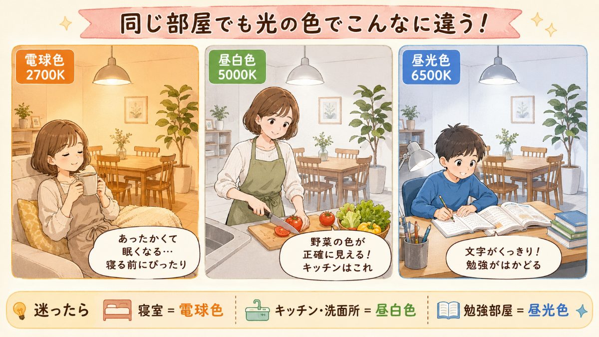 電球色2700K・昼白色5000K・昼光色6500Kの見え方を同じ部屋で比べた漫画